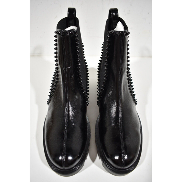 Christian Louboutin Out Lina Spike Lug Flat Black Patent Chelsea Ankle Boot 37.5 - Picture 6 of 12